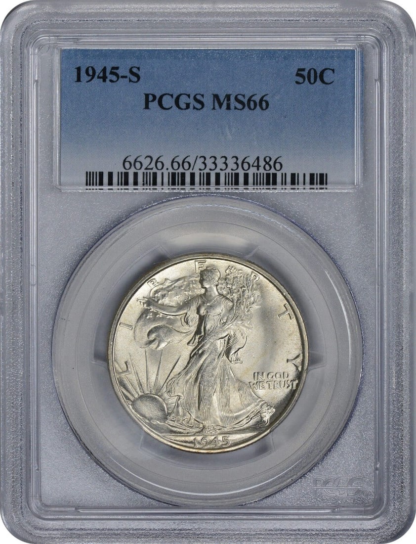 1945-S Walking Liberty Half Dollar MS66 PCGS Uncirculated Silver Coin: 1945-S Walking Liberty Half Dollar MS66 PCGS Uncirculated Silver Coin This stunning 1945-S Walking Liberty Half Dollar is graded MS66 by PCGS, ensuring its exceptional quality. Struck in San Francisco