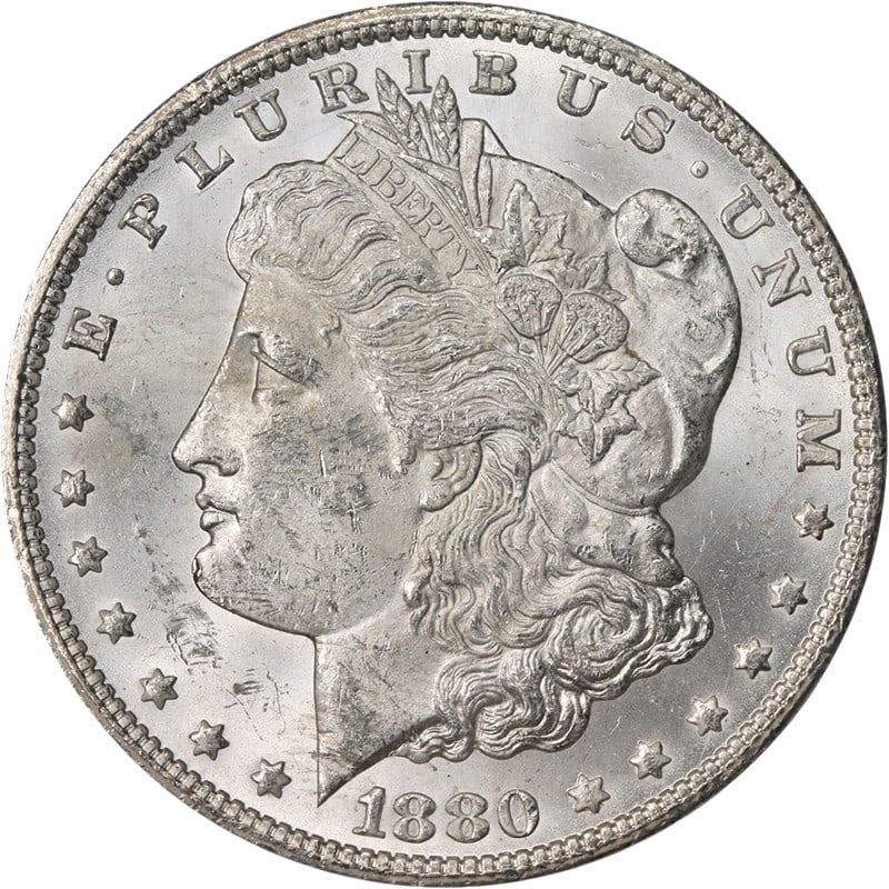 1880/79-CC GSA Morgan Silver Dollar PCGS MS61 Blast White Coin: 1880/79-CC GSA Morgan Silver Dollar PCGS MS61 Blast White Coin This 1880/79-CC GSA Morgan Silver Dollar is a remarkable collector's item, featuring stunning eye appeal and fantastic luster. The coin d