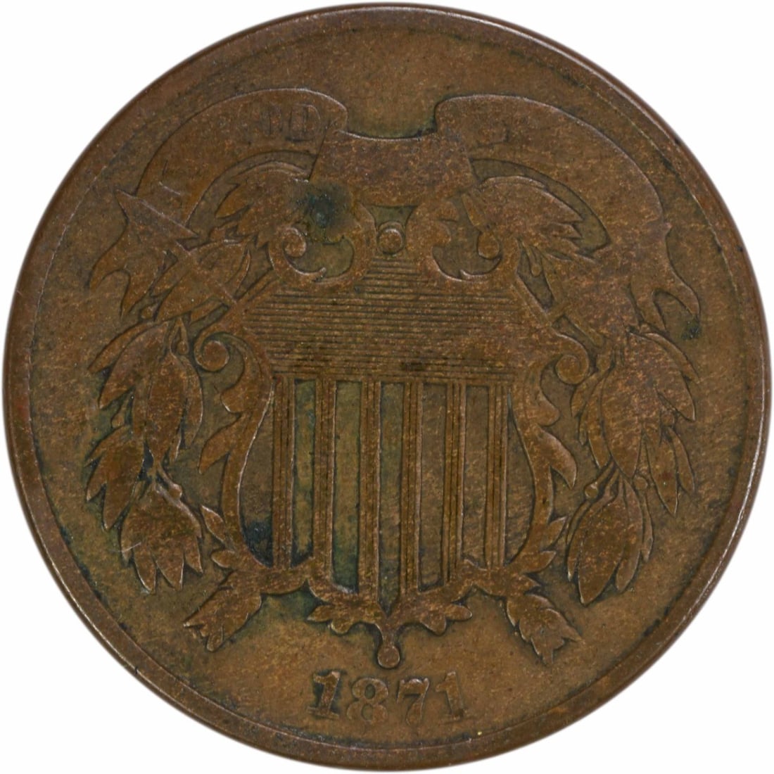 1871 Bronze Two Cent Piece VG Uncertified Philadelphia Mint: 1871 Bronze Two Cent Piece VG Uncertified Philadelphia Mint This 1871 Two Cent Piece features a beautiful bronze composition and was designed by James Barton Longacre. It is classified as a Very Good 