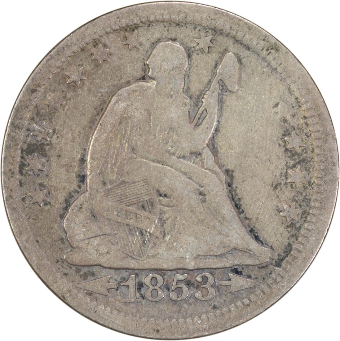 1853 Liberty Seated Silver Quarter 90% Silver VF Uncertified: 1853 Liberty Seated Silver Quarter 90% Silver VF Uncertified This 1853 Liberty Seated Silver Quarter features the Arrows and Rays design, showcasing the artistry of renowned designers Robert Ball Hugh