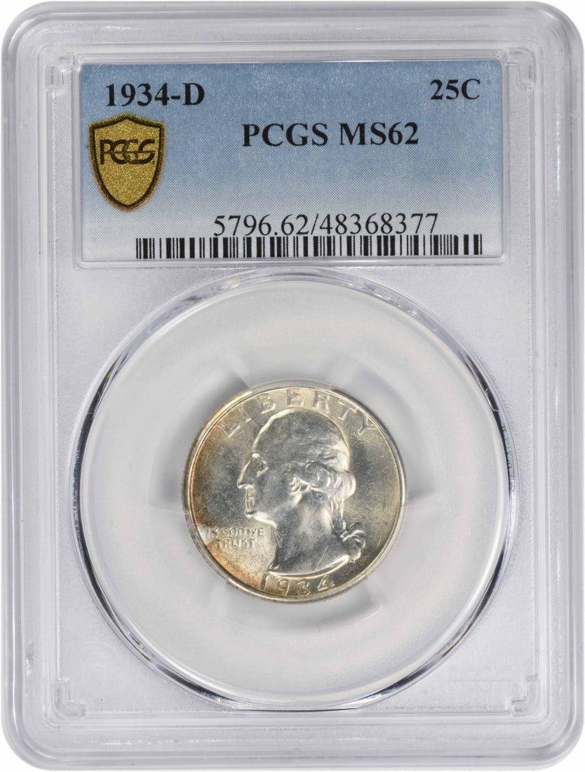 MS62 PCGS Certified 1934 Denver Washington 25C Silver Coin: MS62 PCGS Certified 1934 Denver Washington 25C Silver Coin This is a 1934-D Washington Quarter graded MS62 by PCGS. Minted in Denver, the coin features a composition of 90% silver and 10% copper. Desi