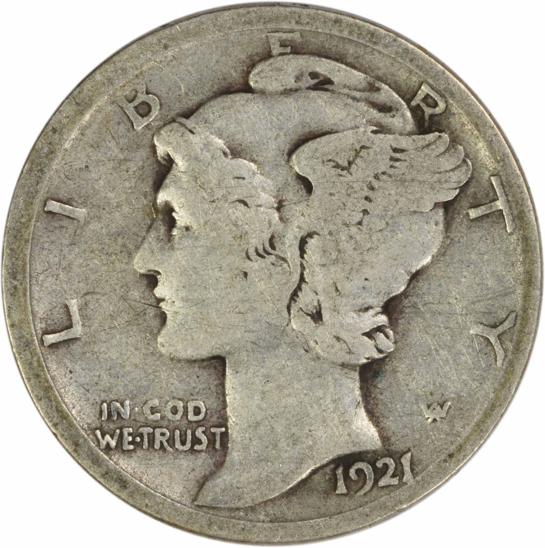 1921 Denver Mercury Dime 90 Percent Silver Circulated Uncertified: 1921 Denver Mercury Dime 90 Percent Silver Circulated Uncertified This is a 1921-D Mercury Silver Dime from the Denver Mint. The coin is circulated and has a grade of Good (G). Designed by Adolph Alex