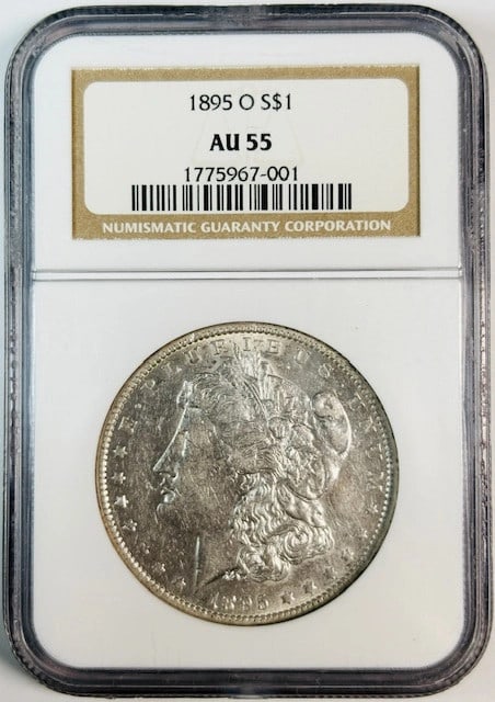 NGC AU 55 1895 New Orleans Morgan Silver Dollar: NGC AU 55 1895 New Orleans Morgan Silver Dollar This 1895 O Morgan Silver Dollar is certified by NGC with a grade of AU-55. Minted in New Orleans, this circulated coin is composed of silver and carrie