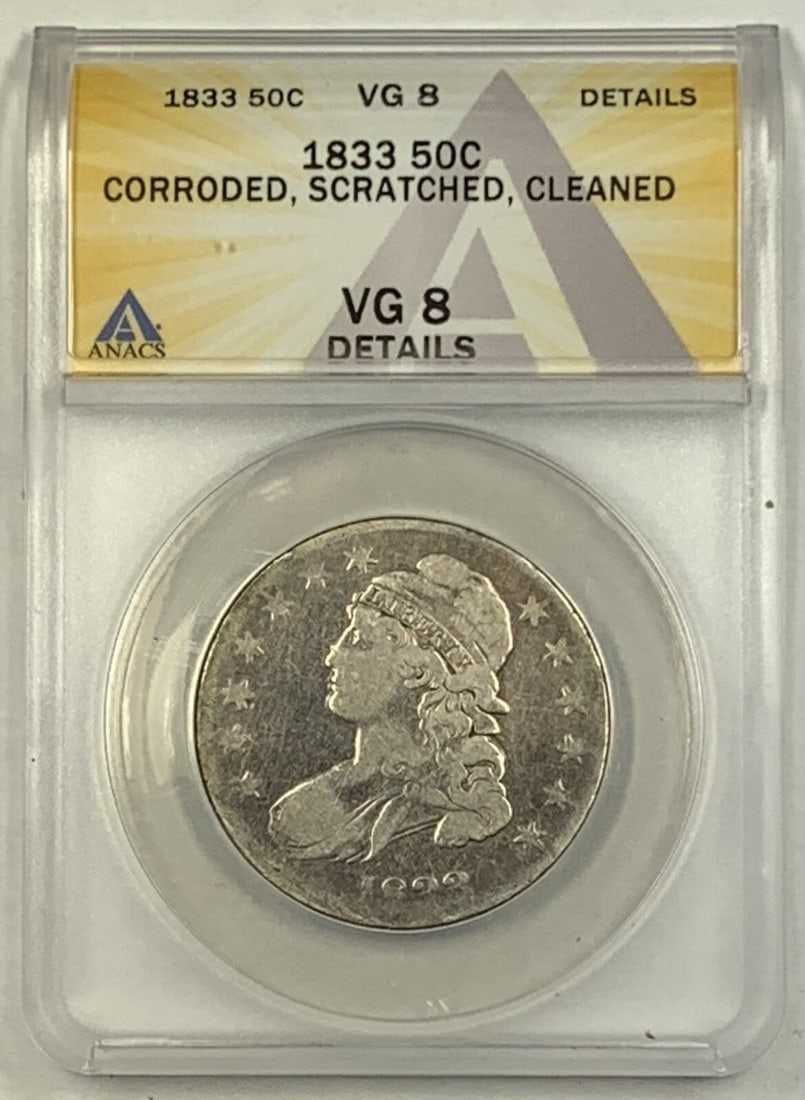 ANACS VG 8 Details 1833 United States 50C Bust Half Dollar Coin: ANACS VG 8 Details 1833 United States 50C Bust Half Dollar Coin This 1833 Bust Half Dollar is a United States coin with a denomination of 50 cents. It is certified by ANACS with a grade of VG 8 and is