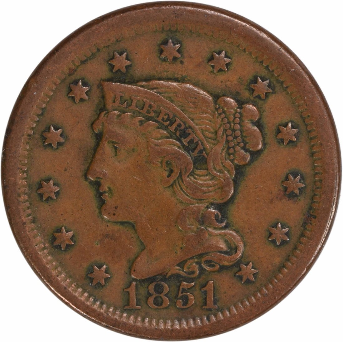1851 Braided Hair Large Cent EF Uncertified Copper Coin: 1851 Braided Hair Large Cent EF Uncertified Copper Coin This 1851 Large Cent features the iconic Braided Hair design by Christian Gobrecht, showcasing a rich history in American coinage. Minted in Phi