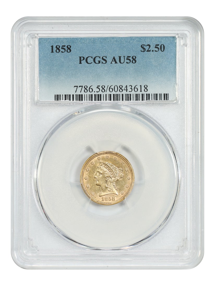 PCGS AU58 1858 Liberty Head Gold Quarter Eagle Philadelphia Low Mintage: PCGS AU58 1858 Liberty Head Gold Quarter Eagle Philadelphia Low Mintage This 1858 Liberty Head $2.50 gold coin is a mid-19th century issue from the Philadelphia Mint, certified by PCGS with a grade of