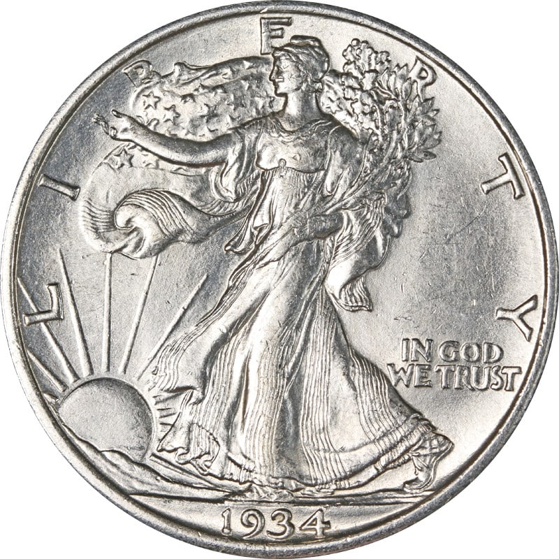1934-P Walking Liberty Half Silver Coin Circulated: 1934-P Walking Liberty Half Silver Coin Circulated This 1934-P Walking Liberty Half showcases the classic design of one of America's most beloved coins. Crafted from 90% silver, this half dollar is a 
