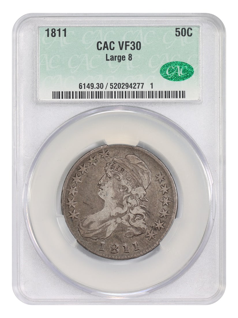 Capped Bust Half Dollar 1811 Large 8 CACG VF30 50C Philadelphia: Capped Bust Half Dollar 1811 Large 8 CACG VF30 50C Philadelphia This is a Capped Bust Half Dollar from 1811 featuring the Large 8 variety. The coin is graded VF30 by CACG and is circulated. It was str