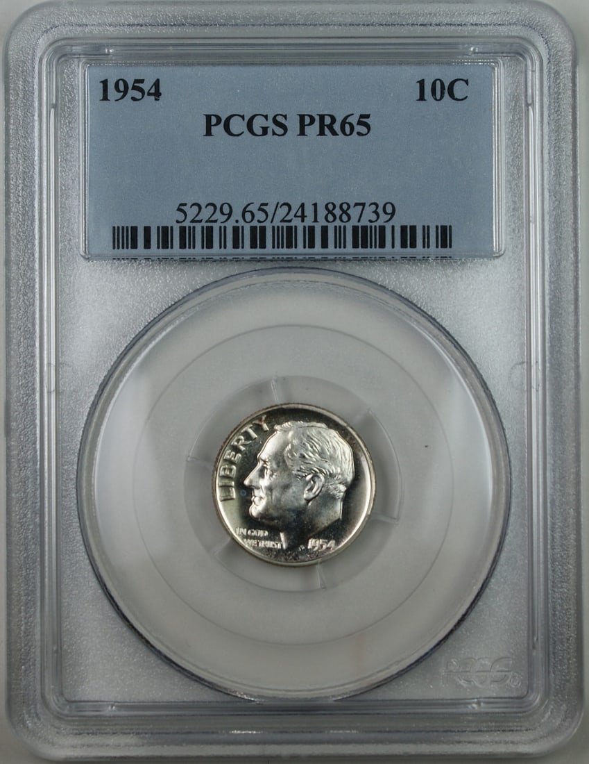1954 Roosevelt Silver Proof Dime PCGS PR65 Cameo Philadelphia Uncirculated: 1954 Roosevelt Silver Proof Dime PCGS PR65 Cameo Philadelphia Uncirculated This is a 1954 Silver Roosevelt Dime from the United States, graded PR-65 by PCGS. The coin features a proof strike and is co