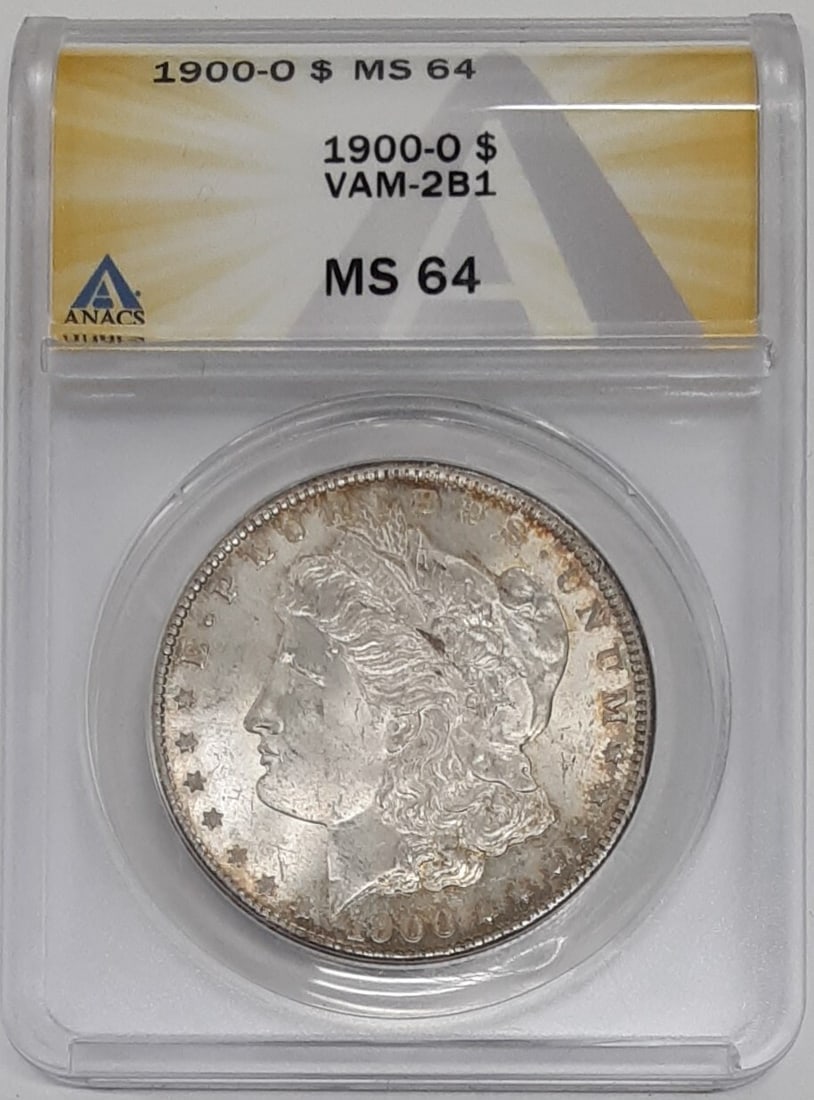 ANACS MS-64 1900-O Morgan Silver Dollar VAM-2B1 Open 9 Uncirculated: ANACS MS-64 1900-O Morgan Silver Dollar VAM-2B1 Open 9 Uncirculated This 1900-O Morgan Silver Dollar is certified by ANACS with a grade of MS-64 and features the VAM-2B1 Open 9 variety. Minted in New 