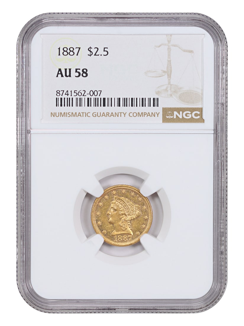 NGC AU58 1887 Liberty Head Gold Quarter Eagle Coin: NGC AU58 1887 Liberty Head Gold Quarter Eagle Coin This is an 1887 Liberty Head $2.50 gold coin graded AU58 by NGC. The coin features caramel gold surfaces with attractive mint luster and presents exc
