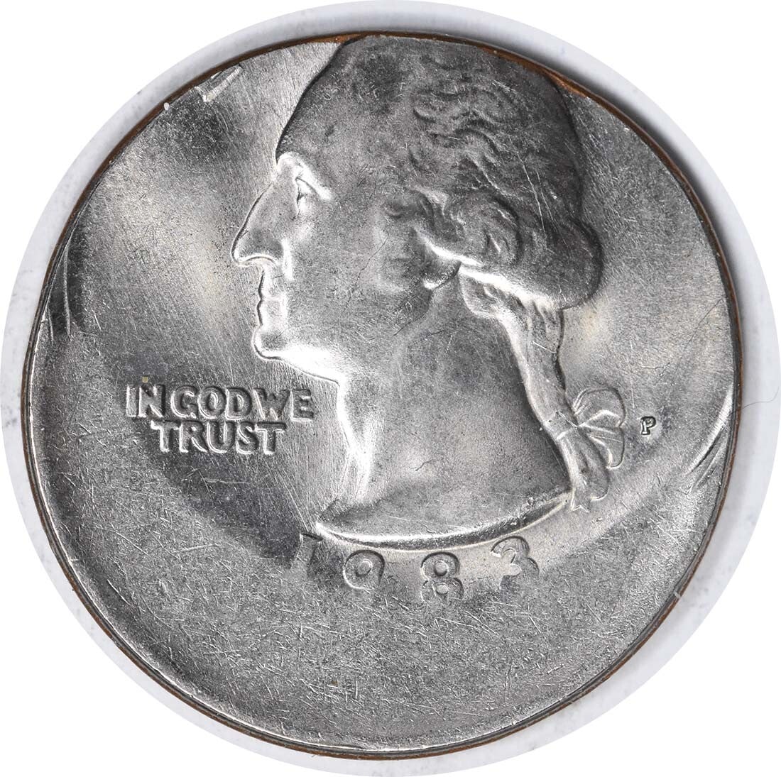 1983-P Washington Quarter 30% Off Center Choice BU Uncertified: 1983-P Washington Quarter 30% Off Center Choice BU Uncertified This 1983-P Washington Quarter features a unique 30% off-center strike, making it a distinctive addition to any collection. The coin is c