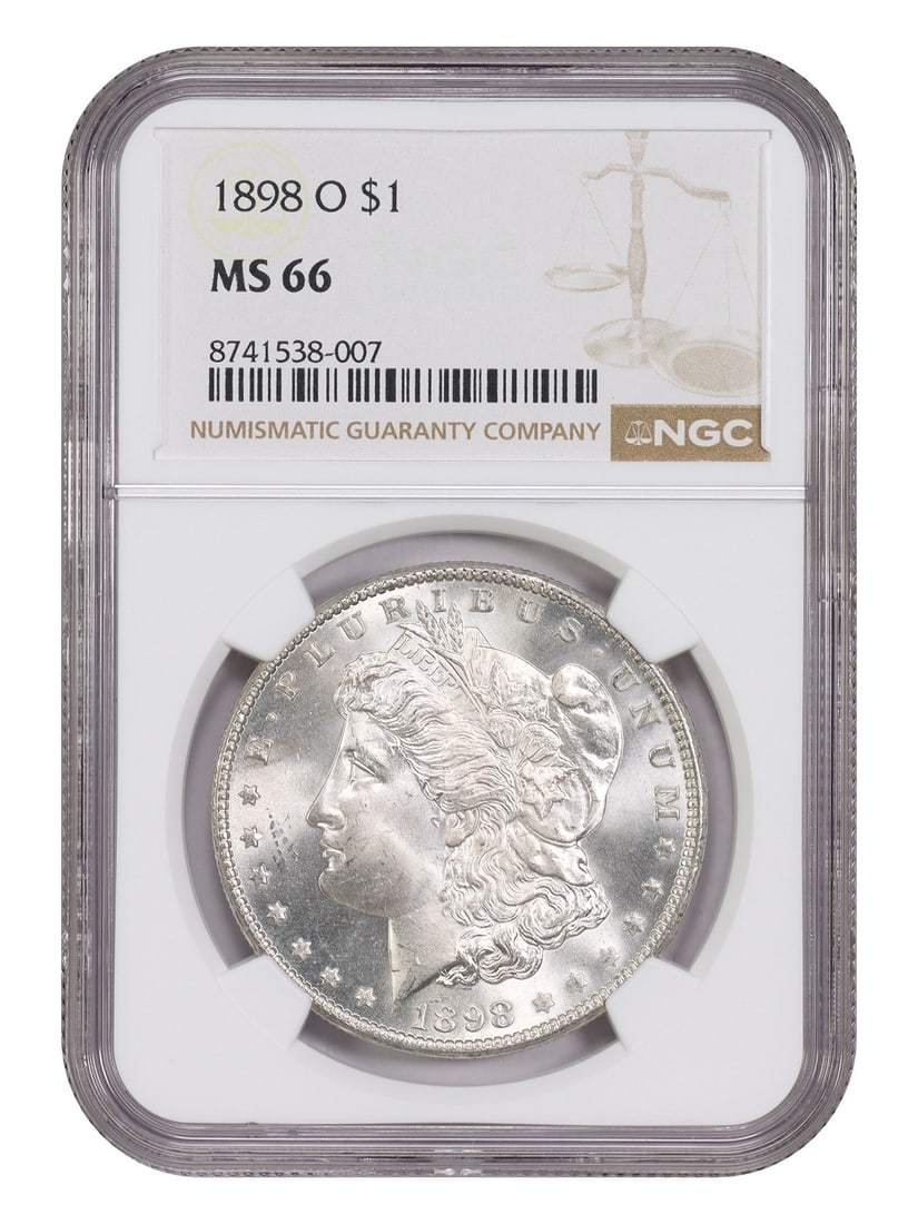 NGC MS66 1898-O Morgan Silver Dollar New Orleans Mint: NGC MS66 1898-O Morgan Silver Dollar New Orleans Mint This 1898-O Morgan Dollar is certified by NGC with a grade of MS66. Struck at the New Orleans Mint, this uncirculated coin is a popular example fr
