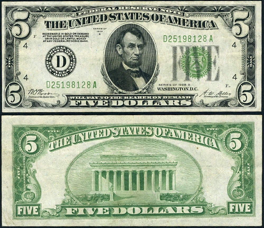 1928-B $5 Federal Reserve Note Cleveland D-A Block Extra Fine: 1928-B $5 Federal Reserve Note Cleveland D-A Block Extra Fine This 1928-B $5 Federal Reserve Note from the Cleveland district is a notable collectible for any currency enthusiast. Graded as XF (Extrem