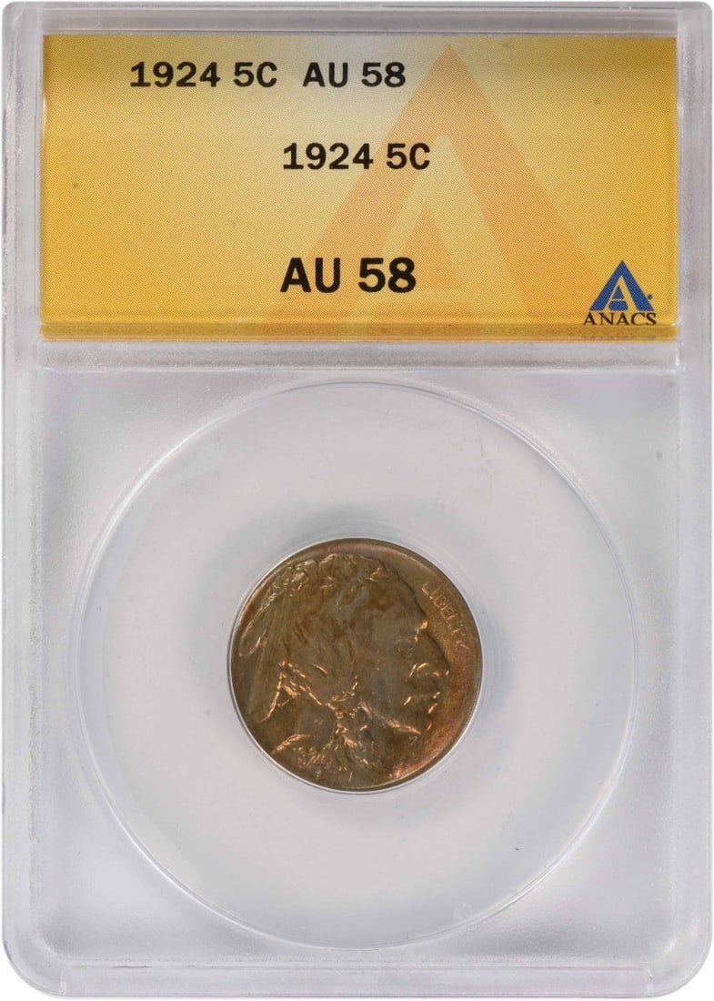 ANACS AU58 1924 Buffalo Five Cent Coin Philadelphia Mint: ANACS AU58 1924 Buffalo Five Cent Coin Philadelphia Mint This 1924 Buffalo Nickel from the Philadelphia Mint has been certified by ANACS with a grade of AU58. Designed by James Earle Fraser, this pre-