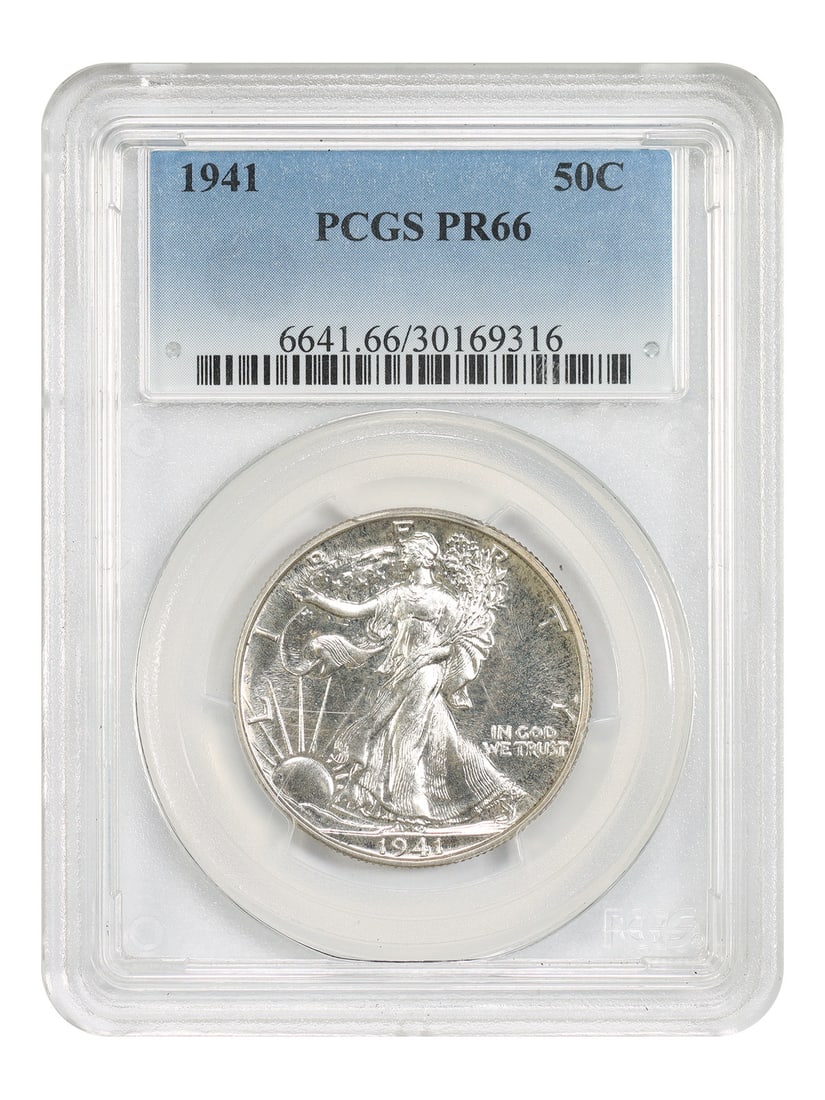 PCGS PR66 1941 Philadelphia Walking Liberty Half Dollar 50C Proof Coin: PCGS PR66 1941 Philadelphia Walking Liberty Half Dollar 50C Proof Coin This 1941 Walking Liberty Half Dollar is graded PR66 by PCGS and features a proof strike. Minted in Philadelphia, it is uncircula