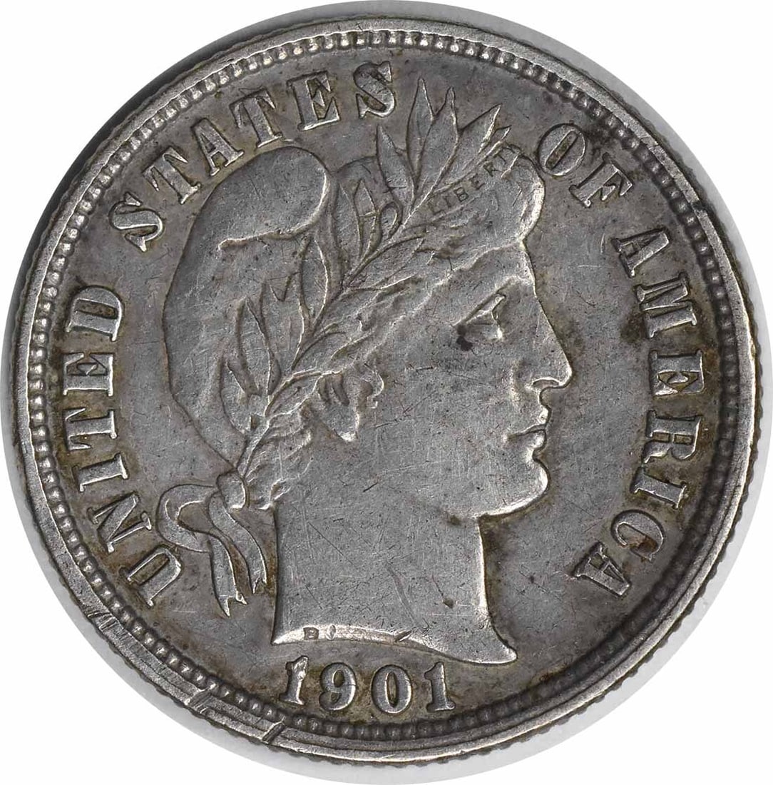 1901-O Barber Silver Dime Horizontal O 10C Uncertified: 1901-O Barber Silver Dime Horizontal O 10C Uncertified This 1901-O Barber Silver Dime features the iconic design by Charles E. Barber. Minted in New Orleans, this coin is part of a limited mintage of 