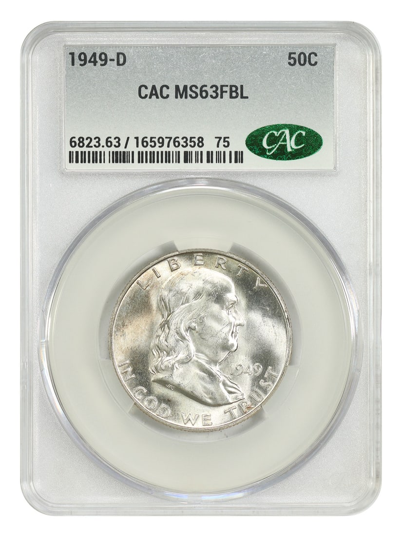 Franklin Half Dollar 1949 Denver MS63FBL CACG Certified Key Date Coin: Franklin Half Dollar 1949 Denver MS63FBL CACG Certified Key Date Coin This 1949-D Franklin Half Dollar is a popular key date coin, graded MS63FBL by CACG. Struck at the Denver Mint, this uncirculated 