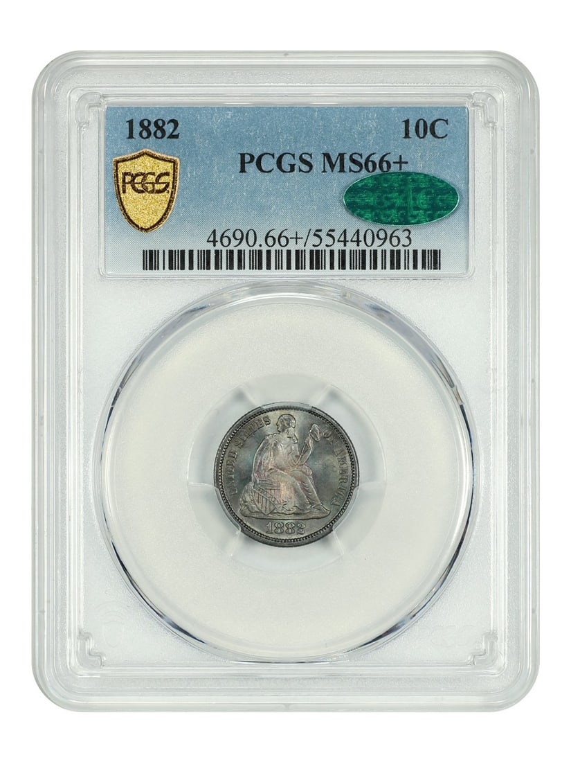 PCGS CAC MS66 Plus 1882 Liberty Seated Dime 10C Philadelphia Mint: PCGS CAC MS66 Plus 1882 Liberty Seated Dime 10C Philadelphia Mint This 1882 Liberty Seated Dime is certified by PCGS with the MS66+ grade and features CAC approval, indicating exceptional quality. The