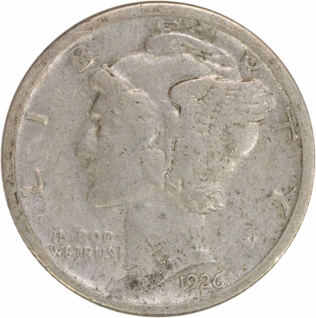 1926-S Mercury Dime 90% Silver VF Uncertified Coin: 1926-S Mercury Dime 90% Silver VF Uncertified Coin This 1926-S Mercury Silver Dime is a classic piece of American coinage, featuring a beautiful design by Adolph Alexander Weinman. Struck in San Franc