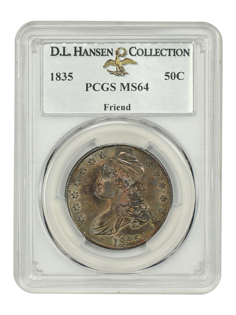 1835 Capped Bust Half Dollar PCGS MS64 D.L. Hansen Collection: 1835 Capped Bust Half Dollar PCGS MS64 D.L. Hansen Collection This 1835 Capped Bust Half Dollar is graded MS64 by PCGS, showcasing its exceptional uncirculated condition. Minted in Philadelphia, this 