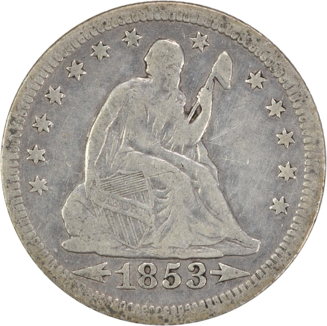 1853 Liberty Seated Silver Quarter 90% Silver VF Uncertified: 1853 Liberty Seated Silver Quarter 90% Silver VF Uncertified This 1853 Liberty Seated Silver Quarter features the iconic design by Robert Ball Hughes and Christian Gobrecht, showcasing both arrows and