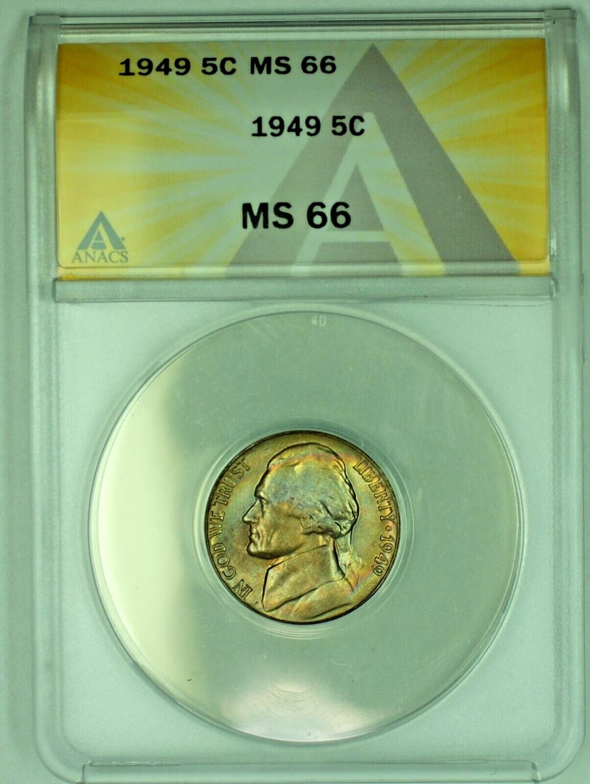 1949 Jefferson Nickel Five Cent ANACS MS 66 Toned Uncirculated Coin: 1949 Jefferson Nickel Five Cent ANACS MS 66 Toned Uncirculated Coin This is a 1949 Jefferson Nickel with a denomination of 5 cents, featuring attractive toning. The coin is graded MS 66 by ANACS, indi