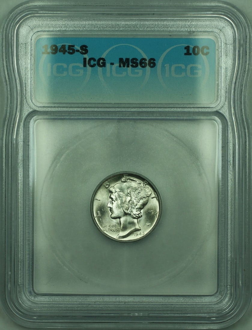 ICG MS-66 1945-S 10C Mercury Silver Dime from San Francisco Mint: ICG MS-66 1945-S 10C Mercury Silver Dime from San Francisco Mint This is a 1945-S Mercury Silver Dime with a denomination of 10 cents, minted in San Francisco. The coin is composed of silver with a fi