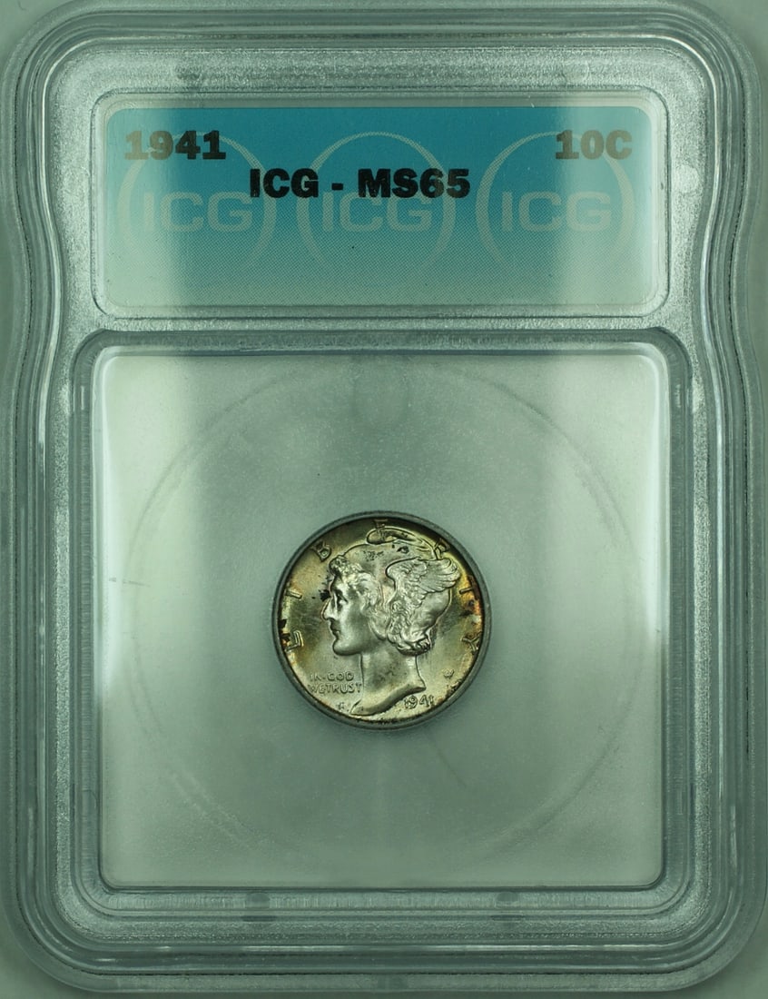1941 Silver 10 Cent Mercury Dime ICG MS65 Toned United States Coin: 1941 Silver 10 Cent Mercury Dime ICG MS65 Toned United States Coin This is a 1941 Mercury Silver Dime from the United States, featuring a denomination of 10 cents. The coin is composed of 90% silver a