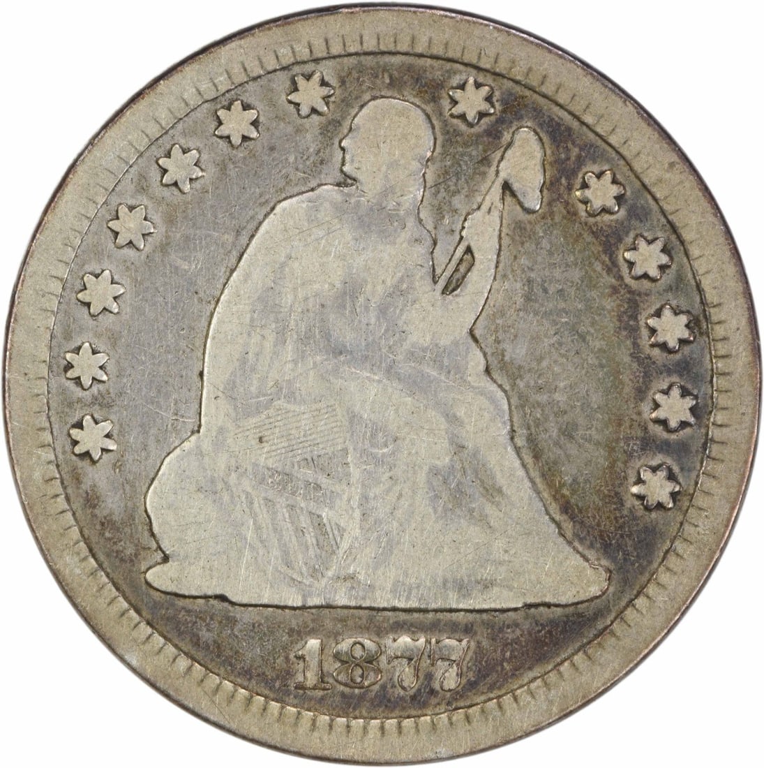 1877-CC Liberty Seated Quarter 90% Silver Uncertified: 1877-CC Liberty Seated Quarter 90% Silver Uncertified This 1877-CC Liberty Seated Quarter is a historical coin from the United States, struck at the Carson City mint. It features a design by renowned 