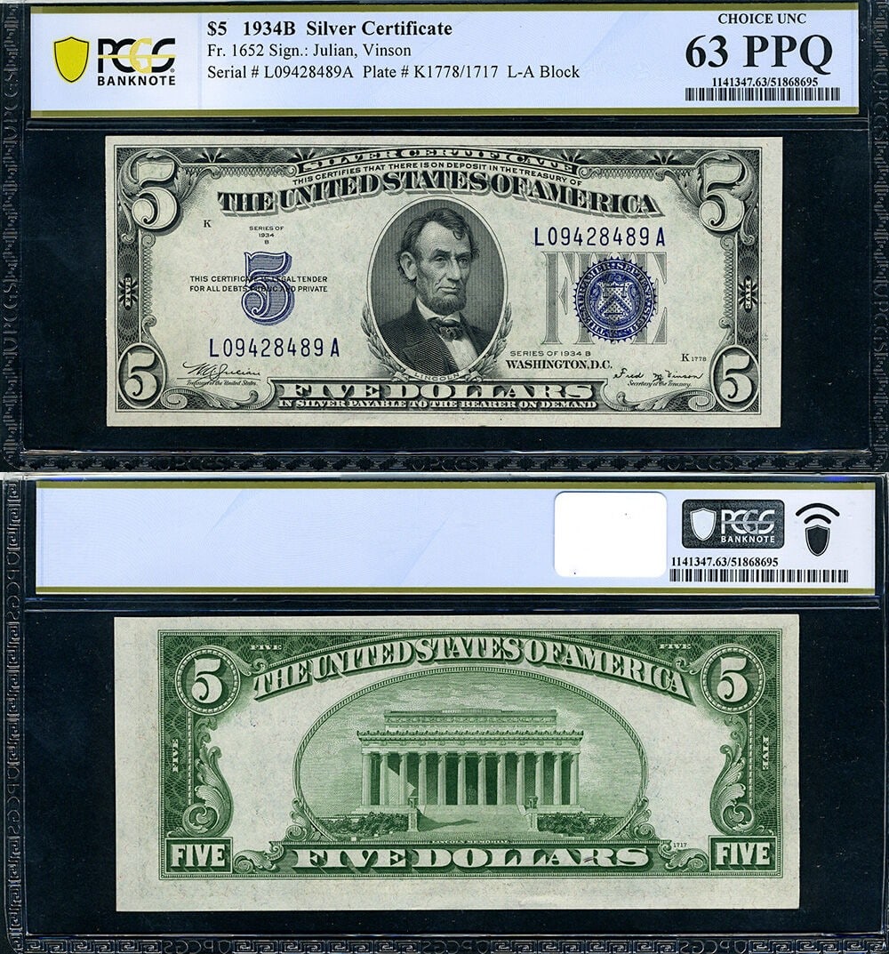 1934-B $5 Silver Certificate L-A Block PCGS CU63 PPQ: 1934-B $5 Silver Certificate L-A Block PCGS CU63 PPQ This is a FR. 1652 $5 1934-B Silver Certificate from the L-A Block, graded by PCGS as Choice CU63 PPQ. The note features excellent paper quality, n