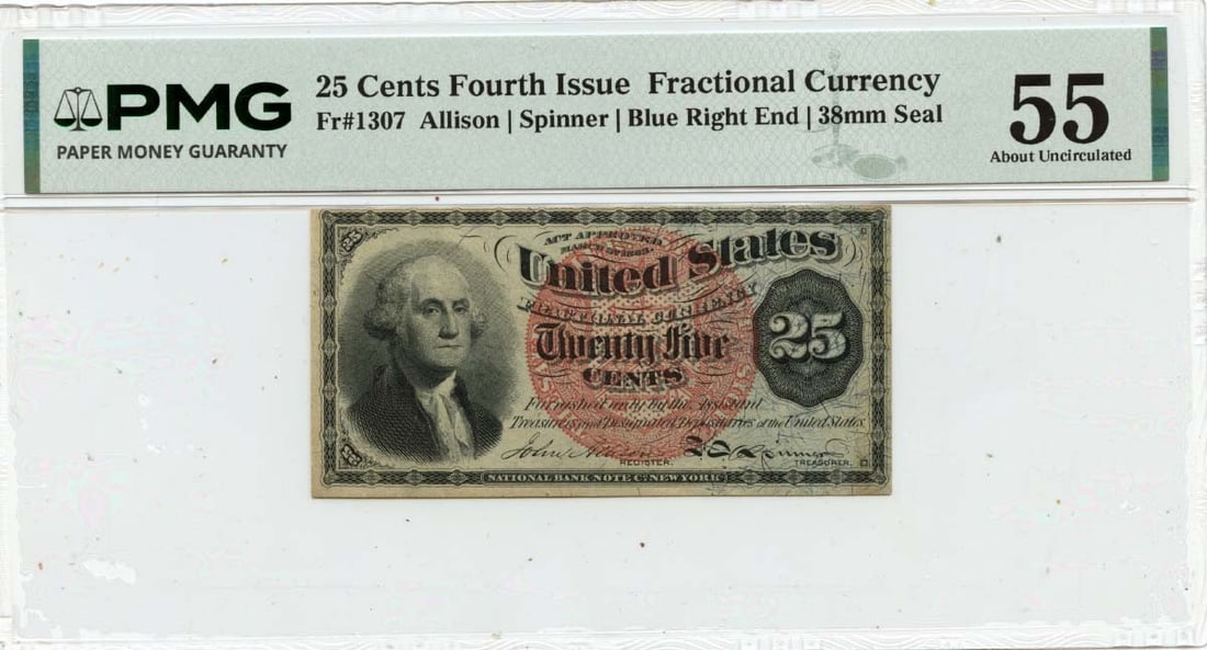 Fourth Issue 25 Cent Fractional Note FR1307 PMG AU55 Blue End: Fourth Issue 25 Cent Fractional Note FR1307 PMG AU55 Blue End This is a Fourth Issue 25 cent fractional currency note from the United States. Certified by PMG with a grade of AU55, this circulated not