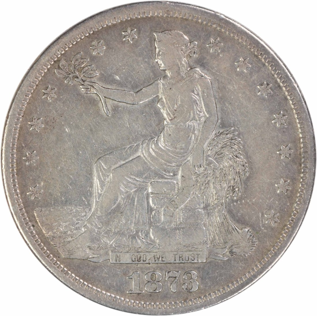 San Francisco 1873 Trade Dollar 90 Percent Silver EF Grade Uncertified: San Francisco 1873 Trade Dollar 90 Percent Silver EF Grade Uncertified This is an 1873-S Trade Dollar from the United States, featuring the design by William Barber. Struck at the San Francisco Mint, 
