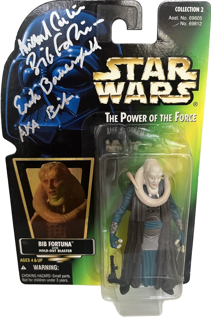 Bib Fortuna Signed Action Figure Kenner Hasbro Star Wars BAS Authenticated: Bib Fortuna Signed Action Figure Kenner Hasbro Star Wars BAS Authenticated This is an autographed action figure of Bib Fortuna from the Star Wars franchise. It features the signatures of Michael Carte