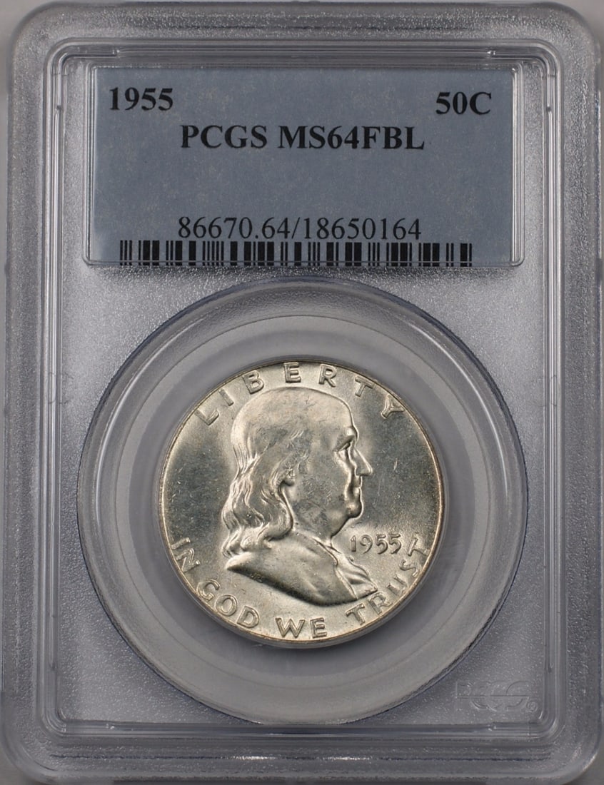 PCGS MS 64 FBL 1955 Silver Franklin Half Dollar Philadelphia Mint: PCGS MS 64 FBL 1955 Silver Franklin Half Dollar Philadelphia Mint This 1955 Franklin Silver Half Dollar is certified by PCGS with a grade of MS 64 FBL. The coin is uncirculated and was minted in Phila