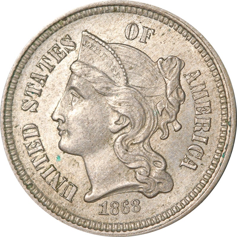 1868 Three Cent Nickel Circulated Historical Coin: 1868 Three Cent Nickel Circulated Historical Coin This 1868 Three (3) Cent Nickel is a fine example of early American coinage. Made of nickel with a composition of 90% fine metal, it showcases a histo