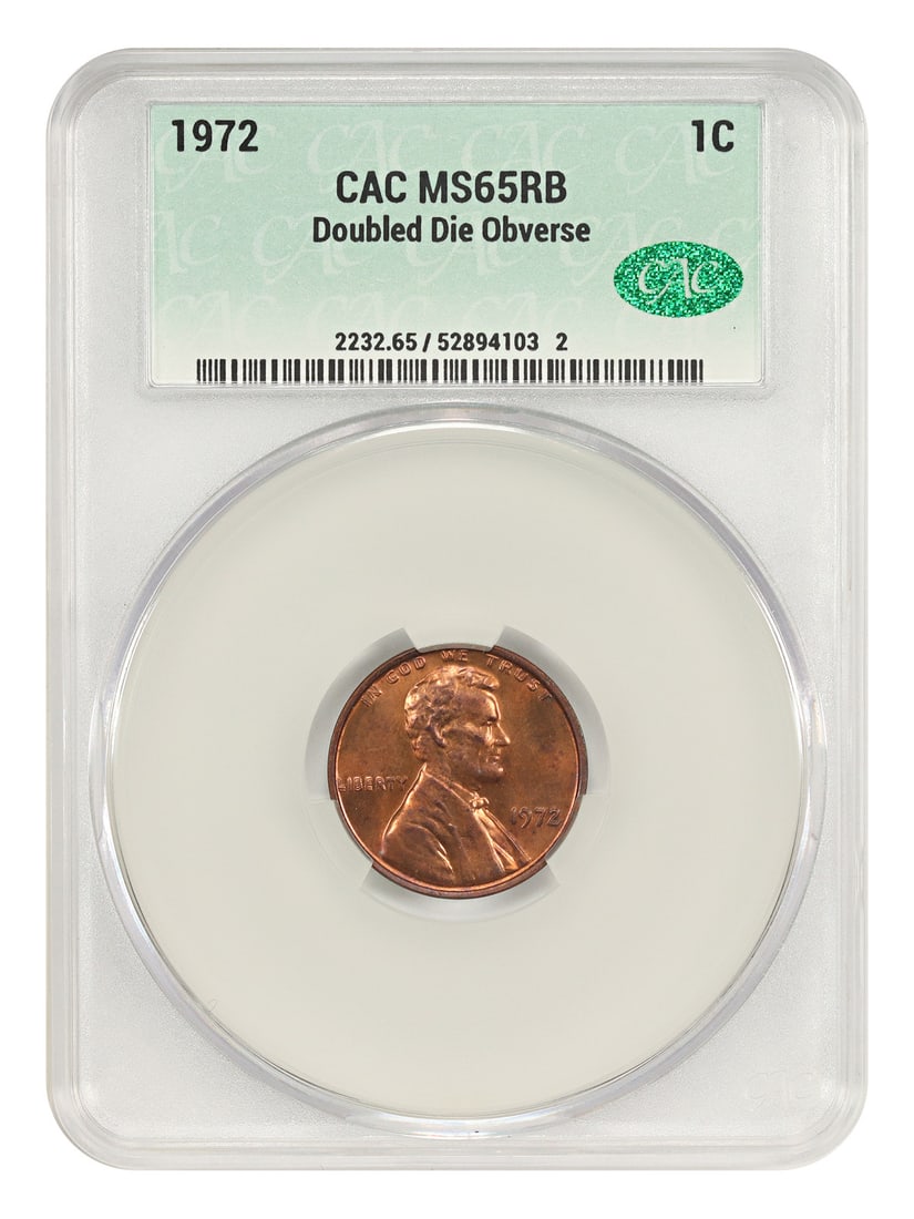 CACG MS65RB 1972 Lincoln Cent Doubled Die Obverse Philadelphia: CACG MS65RB 1972 Lincoln Cent Doubled Die Obverse Philadelphia This 1972 Lincoln Cent (Modern) features a Doubled Die Obverse, evident in the strong doubling on the date, LIBERTY, and IN GOD WE TRUST.