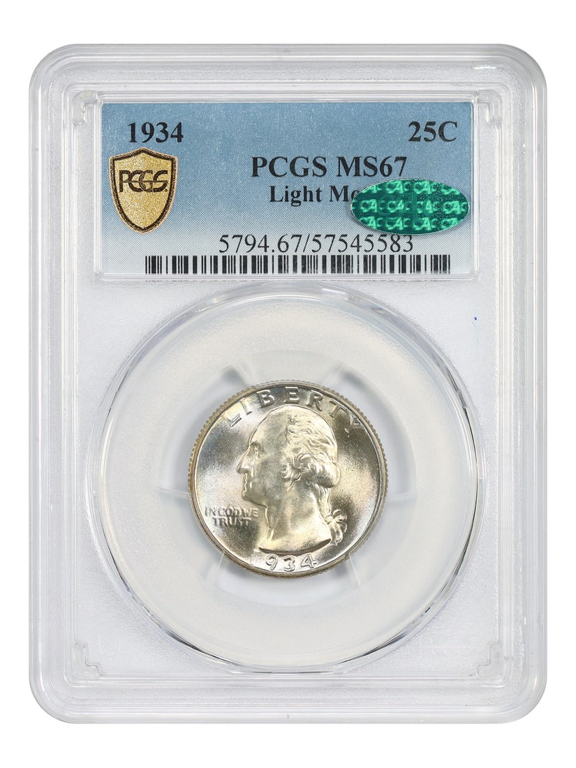 1934 Washington Quarter 25C PCGS MS67 CAC Light Motto Uncirculated: 1934 Washington Quarter 25C PCGS MS67 CAC Light Motto Uncirculated This 1934 Washington Quarter features the Light Motto variety and is graded MS67 by PCGS, with CAC approval. Struck in Philadelphia, 