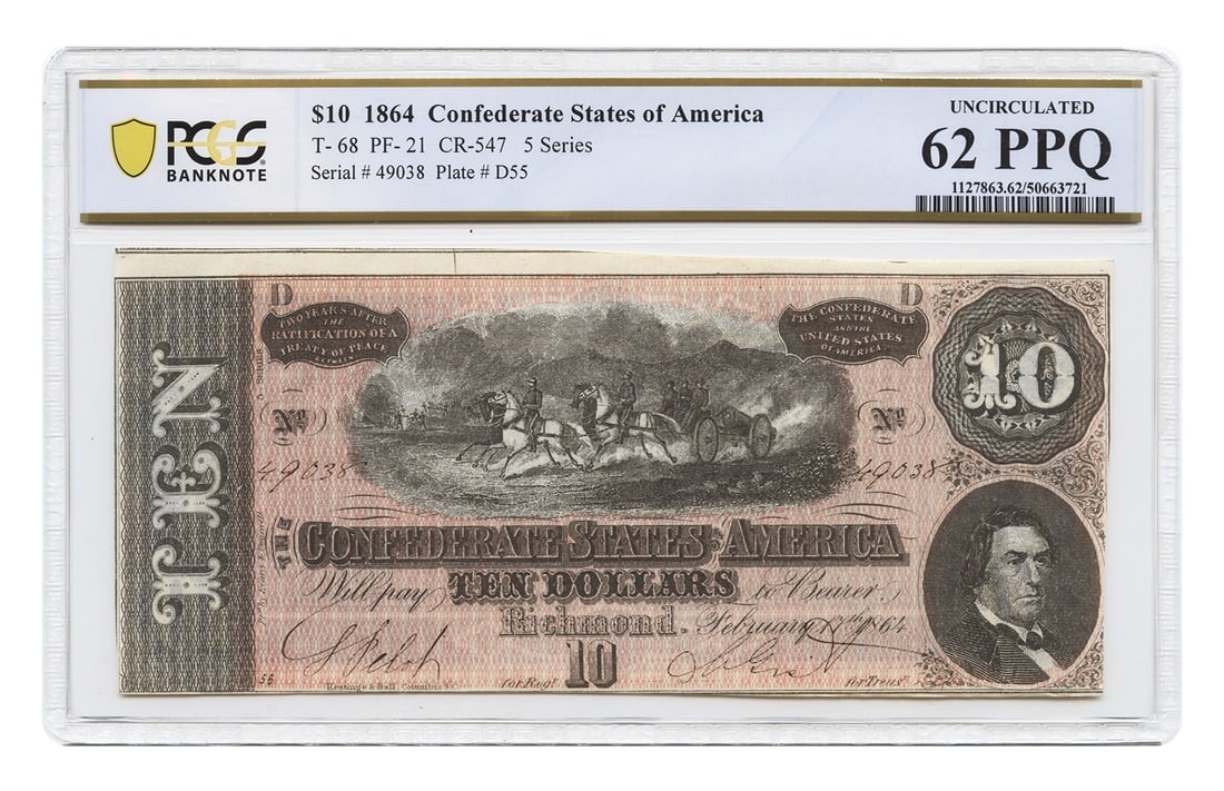 1864 $10 Confederate Note T-68 PCGS UNC62 EPQ Popular Issue: 1864 $10 Confederate Note T-68 PCGS UNC62 EPQ Popular Issue This 1864 $10 Confederate States of America note is certified by PCGS with a grade of UNC62 EPQ, indicating its uncirculated condition and e