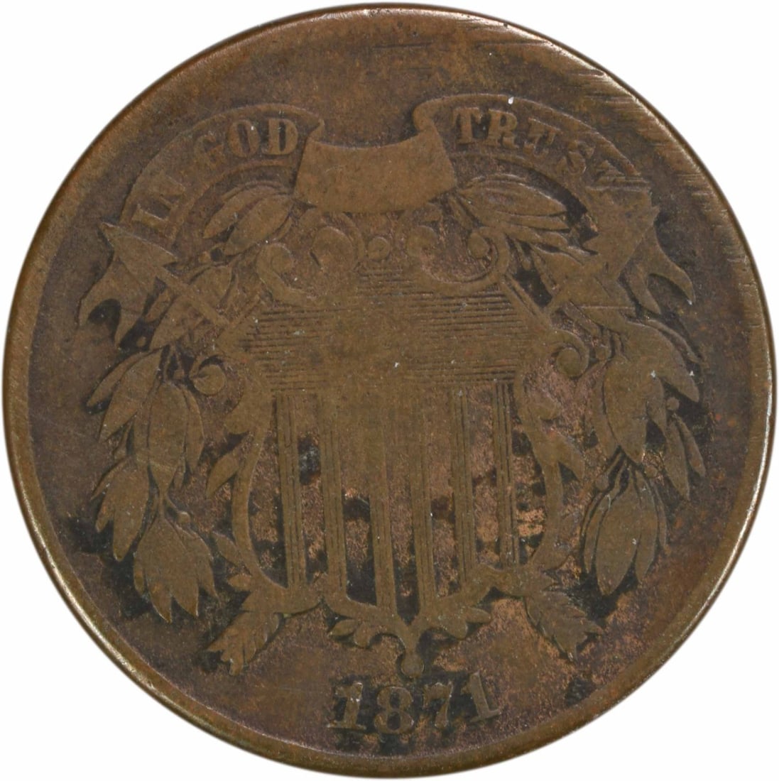1871 Philadelphia Two Cent Coin VG Bronze by Longacre: 1871 Philadelphia Two Cent Coin VG Bronze by Longacre This 1871 Two Cent Piece is a notable collectible coin, featuring a design by James Barton Longacre. It is part of the bronze composition and has 