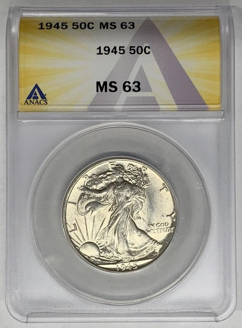 1945 Liberty Walking Half Dollar ANACS MS 63 Certified 50C Coin: 1945 Liberty Walking Half Dollar ANACS MS 63 Certified 50C Coin This 1945 Walking Liberty Half Dollar is a 50-cent coin from the United States, graded MS 63 by ANACS. The coin is uncirculated and feat