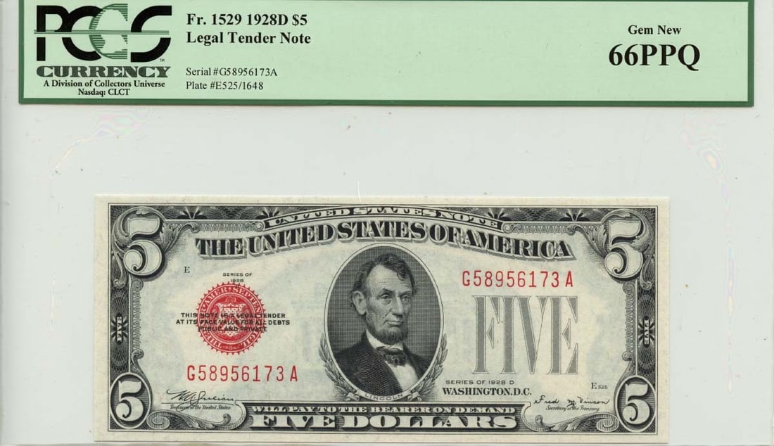 1928D $5 Legal Tender Note Red Seal Fr# 1529 PCGS Gem66: 1928D $5 Legal Tender Note Red Seal Fr# 1529 PCGS Gem66 This 1928D $5 Legal Tender Note features a striking red seal and is classified under Friedberg number 1529. Graded at PCGS Gem 66 PPQ, it is in 
