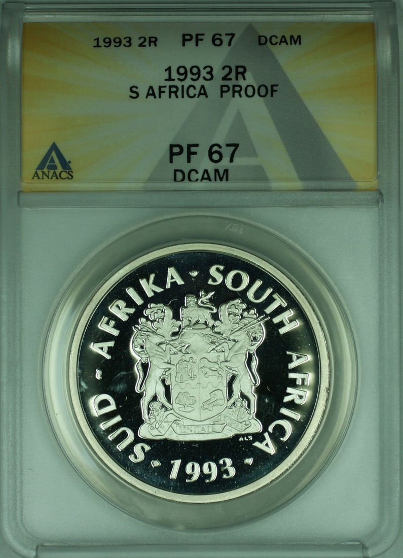South Africa 1993 2 Rand Silver Proof Peace Coin ANACS PF-67 DCAM: South Africa 1993 2 Rand Silver Proof Peace Coin ANACS PF-67 DCAM This 1993 South Africa 2 Rand "Peace" silver proof coin is certified by ANACS with a PF-67 DCAM grade. Struck in 0.925 fine silver, th