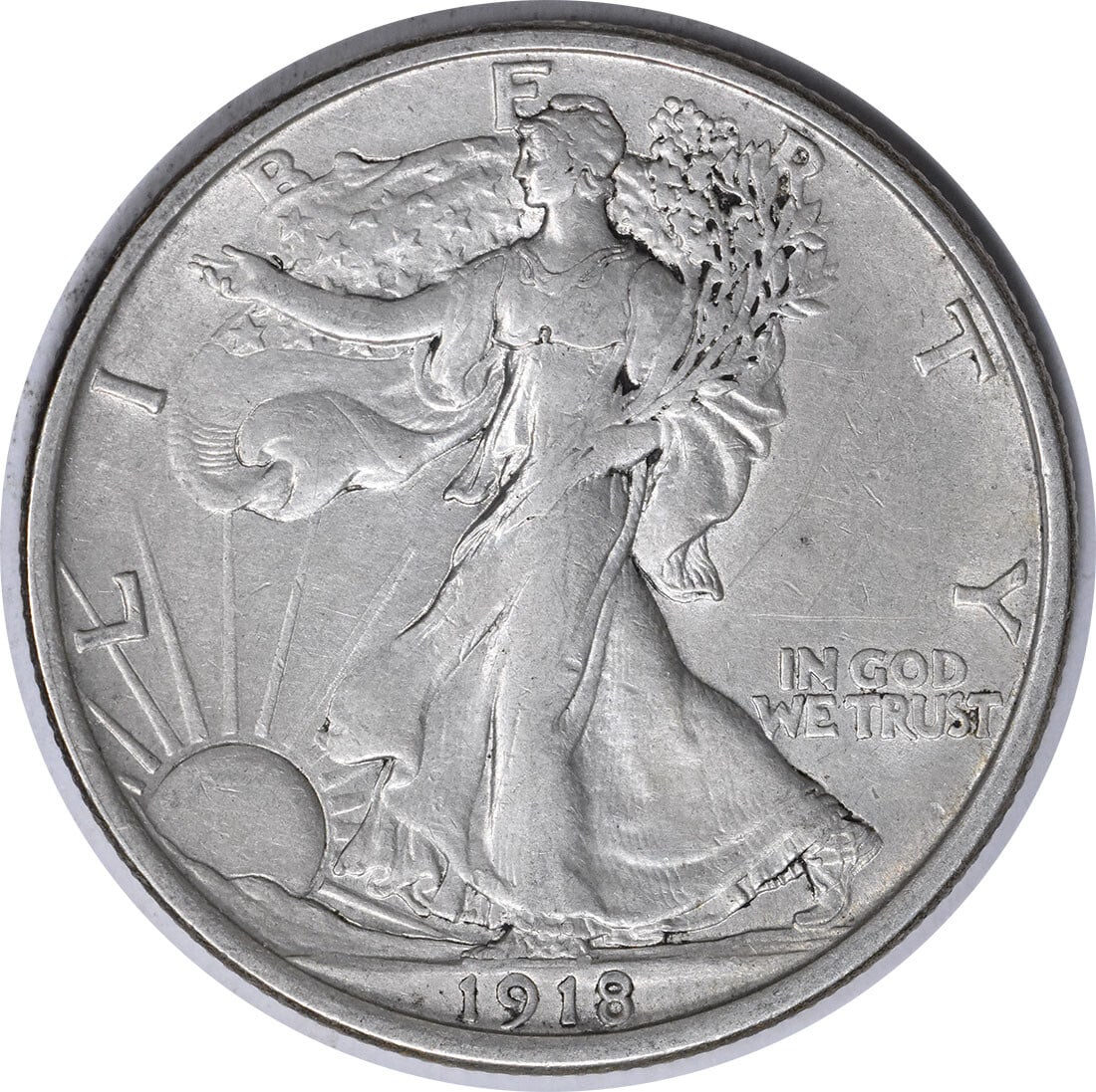 Walking Liberty 1918-D Silver Half Dollar AU Uncertified Denver Mint: Walking Liberty 1918-D Silver Half Dollar AU Uncertified Denver Mint This 1918-D Walking Liberty Half Dollar is a circulated coin from the United States, struck at the Denver Mint. Designed by Adolph 
