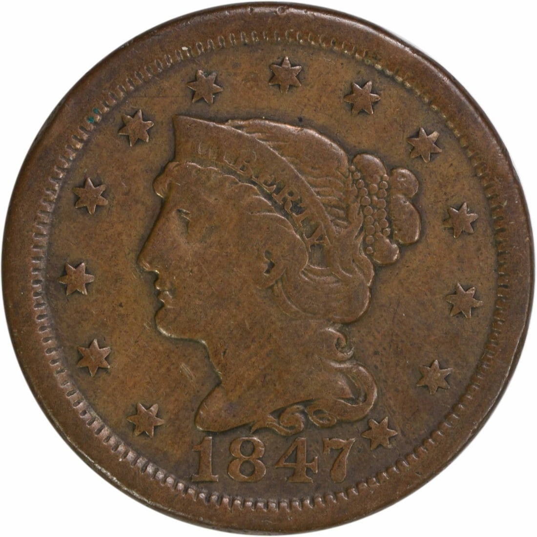 1847 Braided Hair Large Cent VF Uncertified Philadelphia Mint: 1847 Braided Hair Large Cent VF Uncertified Philadelphia Mint This 1847 Large Cent features a Braided Hair design by Christian Gobrecht, showcasing a rich history and craftsmanship. The coin is in Ver