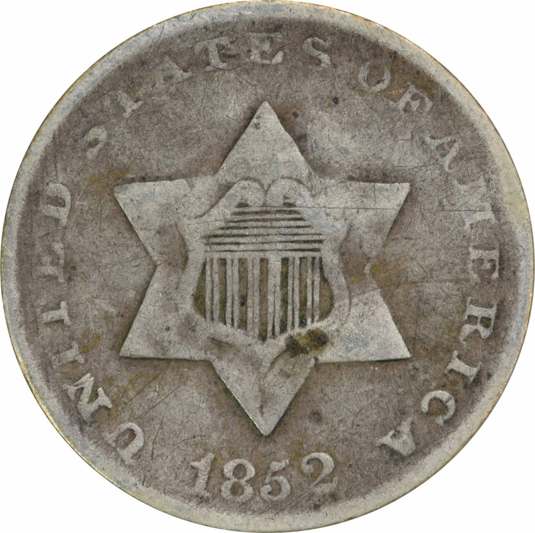 1852 Three Cent Silver Coin F Uncertified Philadelphia Mint: 1852 Three Cent Silver Coin F Uncertified Philadelphia Mint This 1852 Three Cent Silver coin features a fine grade (F) and is a notable piece of American numismatic history. It was minted in Philadelp