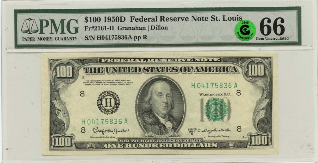 1950D $100 St. Louis Federal Reserve Note Fr# 2161-H PMG Gem66: 1950D $100 St. Louis Federal Reserve Note Fr# 2161-H PMG Gem66 This 1950D $100 Federal Reserve Note, designated as Fr# 2161-H, is a remarkable addition to any collection. Certified by PMG with a Gem66