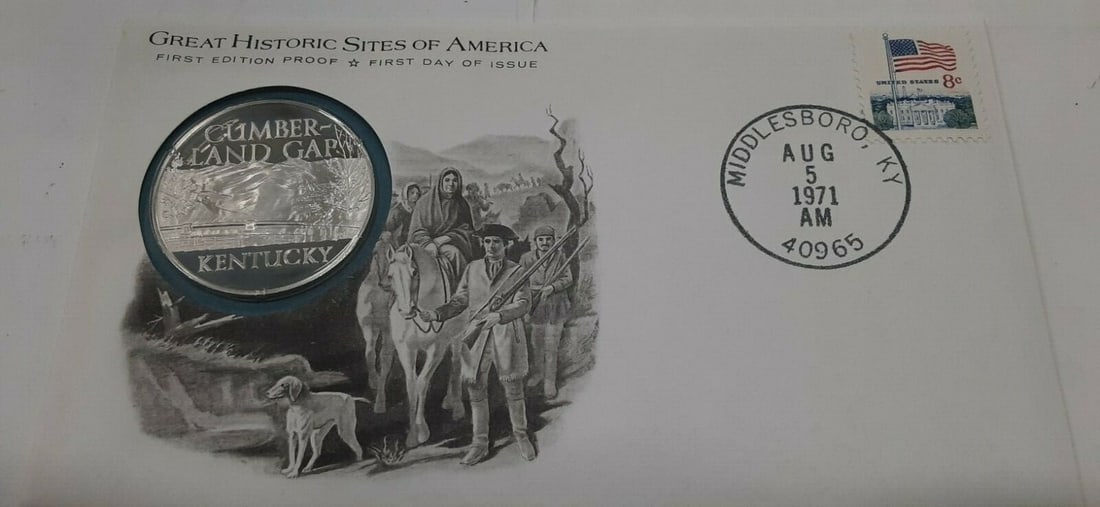 Franklin Mint 1971 Sterling Silver Cumberland Gap Medal in First Day Cover: Franklin Mint 1971 Sterling Silver Cumberland Gap Medal in First Day Cover This limited edition 1971 Cumberland Gap Kentucky Great Historic Sites medal by Franklin Mint features a proof sterling silve