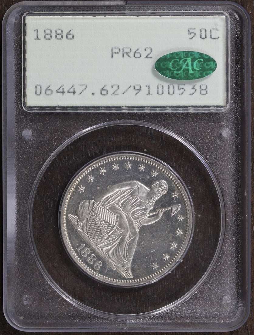 Proof 1886 Seated Liberty Half Dollar Silver 50C PCGS PR62 CAC: Proof 1886 Seated Liberty Half Dollar Silver 50C PCGS PR62 CAC This is an un-used 1886 Seated Liberty Half Dollar with a proof strike, graded PR62 by PCGS and verified by CAC. Minted in Philadelphia, 
