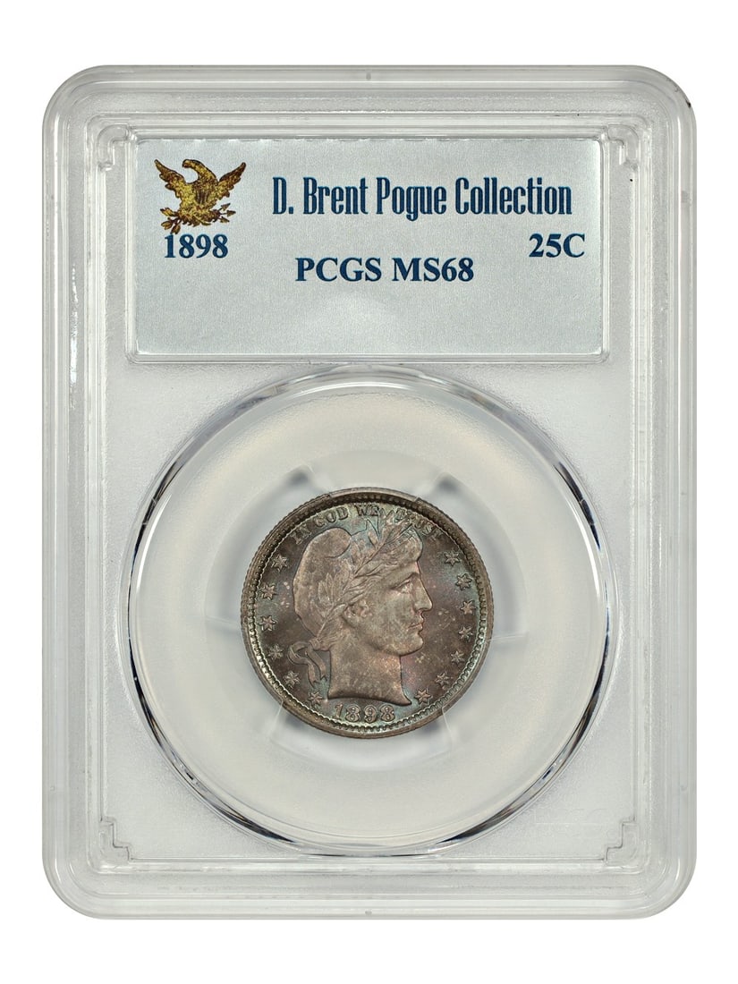 PCGS MS68 Barber Quarter 1898 Philadelphia D Brent Pogue Pedigree: PCGS MS68 Barber Quarter 1898 Philadelphia D Brent Pogue Pedigree This 1898 Barber Quarter is a certified PCGS MS68 example from the renowned D. Brent Pogue Collection. Struck at the Philadelphia Mint